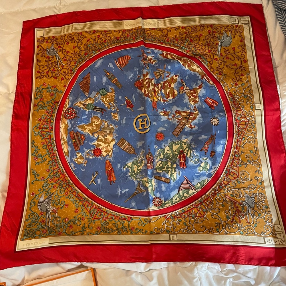 Vintage Classic Hermes Red, Blue, Gold Map Motif Silk Scarf